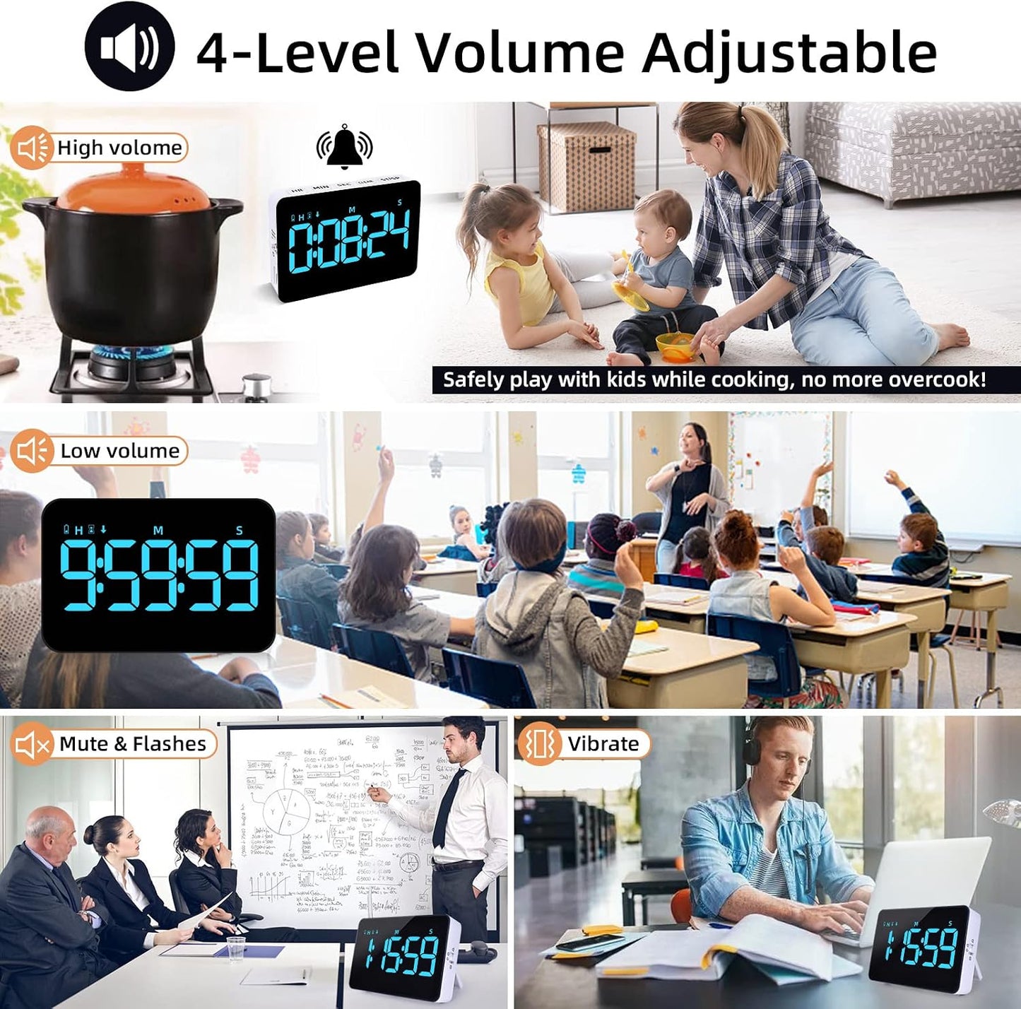 Samshow Rechargeable Digital Kitchen Timer, Ice Blue, 5 Inch | Countdown/Up, 3 Adjustable Brightness, 4 Adjustable Volume , 5" LED Display, Magnetic, For Classroom/Office/Home/Work/Game