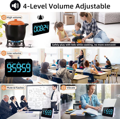 Samshow Rechargeable Digital Kitchen Timer, Ice Blue, 5 Inch | Countdown/Up, 3 Adjustable Brightness, 4 Adjustable Volume , 5" LED Display, Magnetic, For Classroom/Office/Home/Work/Game