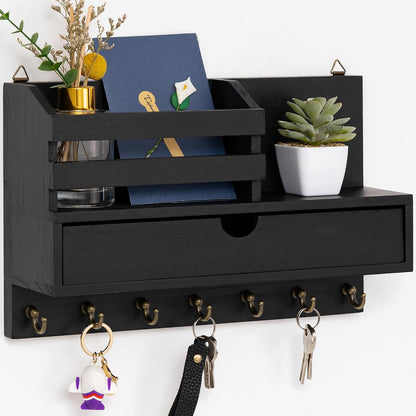 dreampossible Key and Mail Holder for Wall, Mail Organizer Wall Mount with 6 Hooks and Storage Drawer, Wooden Key Rack Hanger with Shelf for Entryway and Home Decor