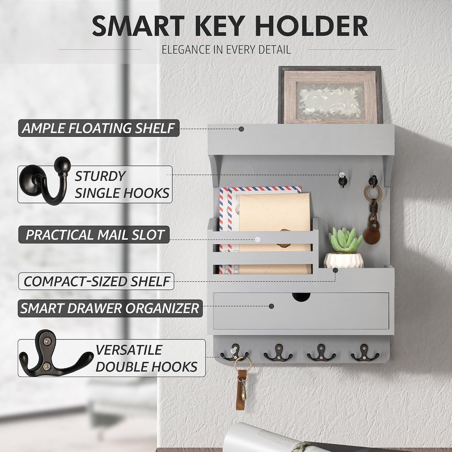 Rebee Vision Key Holder Wall Mount with Drawer Organizer for Entryway,Brown | Pine Wood, 6 Key Hooks, Display Shelf for Plants, Mail Slot for Storage Letter, Multi-Funtional Design, Home Storage