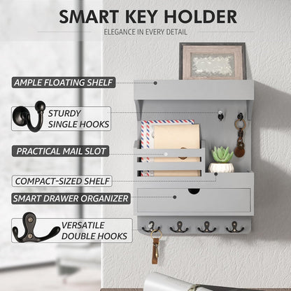 Rebee Vision Key Holder Wall Mount with Drawer Organizer for Entryway,Brown | Pine Wood, 6 Key Hooks, Display Shelf for Plants, Mail Slot for Storage Letter, Multi-Funtional Design, Home Storage