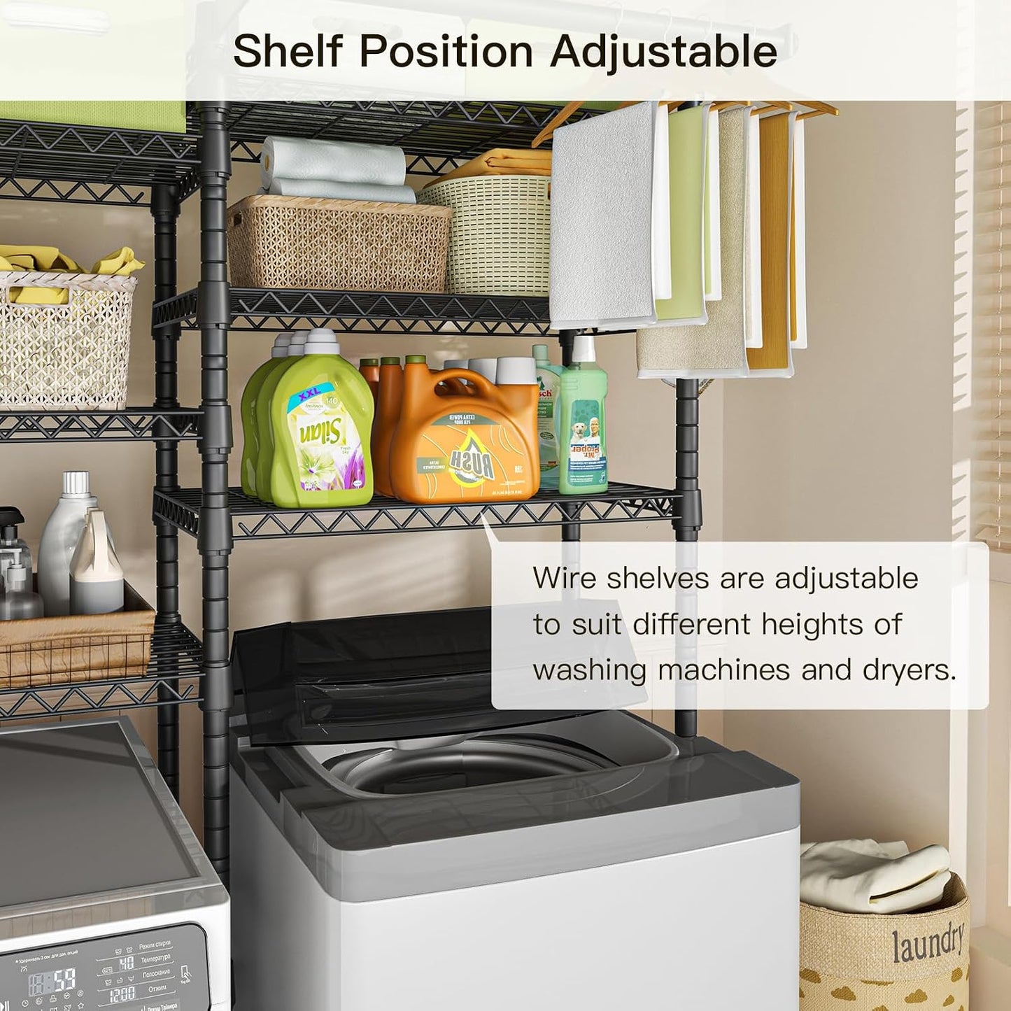 U13 Medium Over Washer and Dryer Storage Shelves, 6 Tiers Laundry Rack | Metal Clothes Drying Rack Space Saver with 2 Hanger Rods and Hooks, Laundry Room Standing Shelf Above Washer Dryer, White