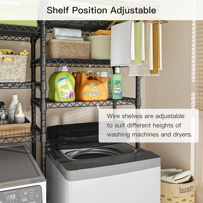 U13 Medium Over Washer and Dryer Storage Shelves, 6 Tiers Laundry Rack | Metal Clothes Drying Rack Space Saver with 2 Hanger Rods and Hooks, Laundry Room Standing Shelf Above Washer Dryer, White