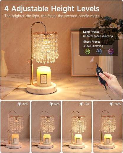Candle Warmer Lamp with Timer Dimmer and 3 Bulbs, Candle Lamp Warmer with Marble Base for Adjustable Height, Crystal Candle Lamp for Jar Candles, House Warming Gifts Home Room Decor, Silver