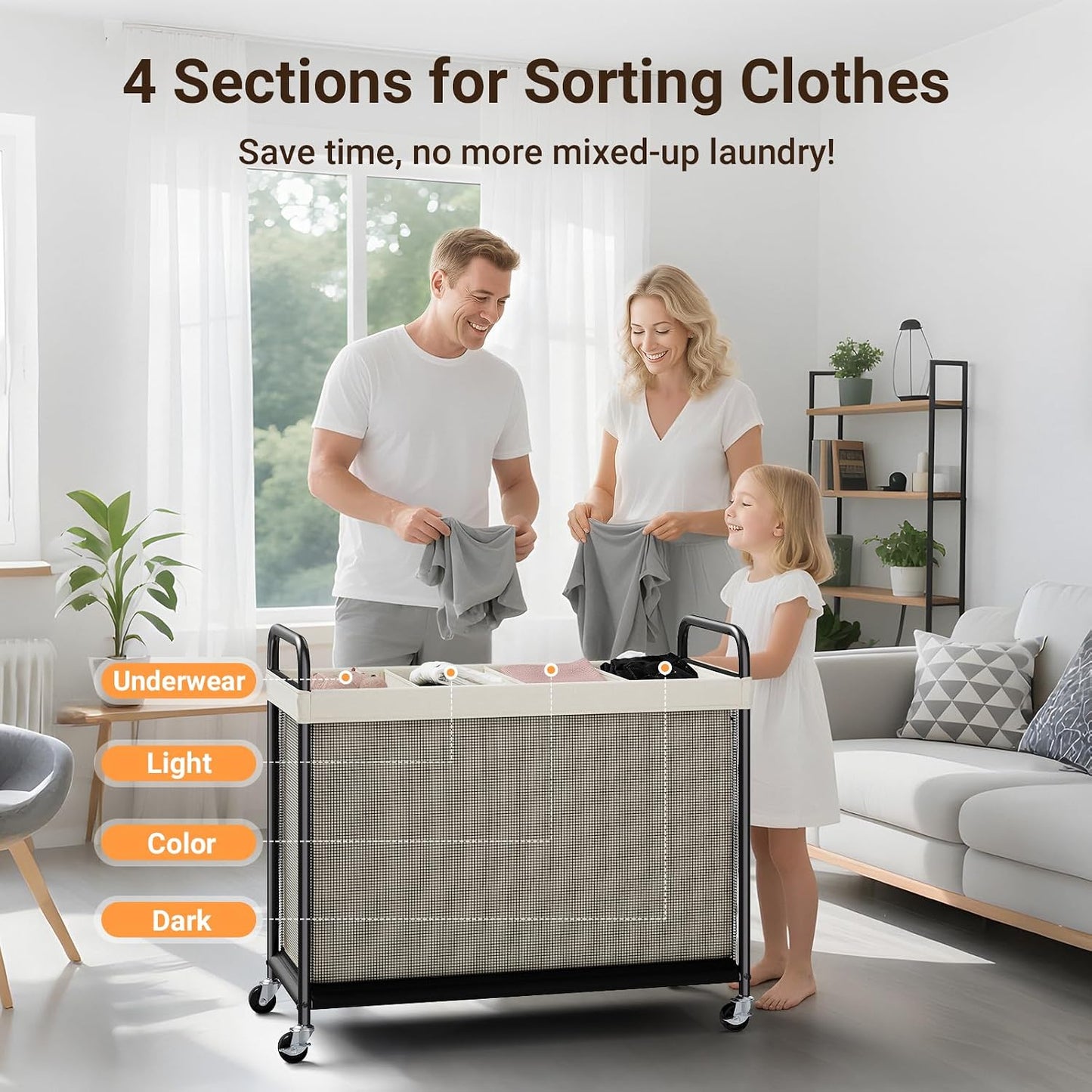 ELYKEN Laundry Hamper 2 Section, 100L Rolling Laundry Sorter with Wheels | Removable Washable Liner Bags, Sturdy Steel Frame and Metal Handle, Double Compartment Clothes Organizer for Laundry Sorting