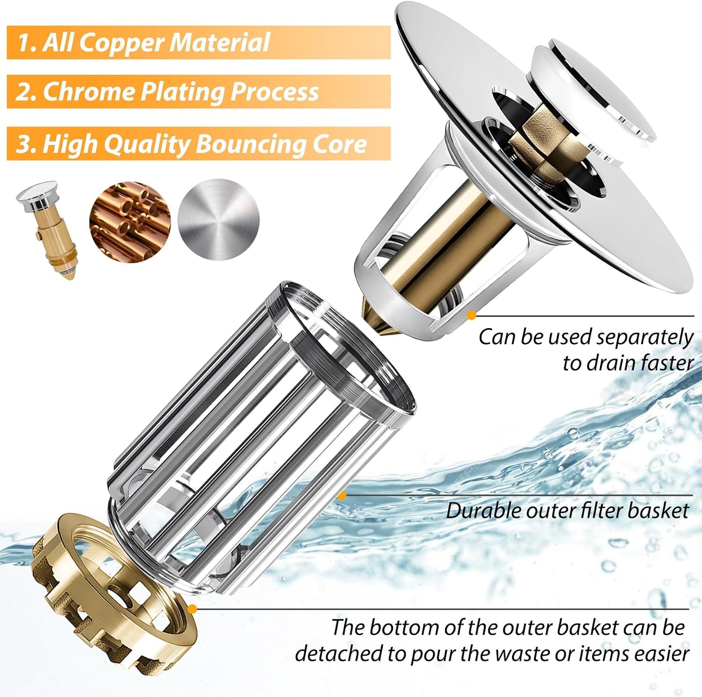 Anlige Bathroom Sink Drain Strainer, 3 in 1 Pop Up Bathroom Sink Stopper with Removable Brass Basket Hair Catcher, Universal Sink Plug for 1.06 to 1.6in Drain Hole, Chrome Silver