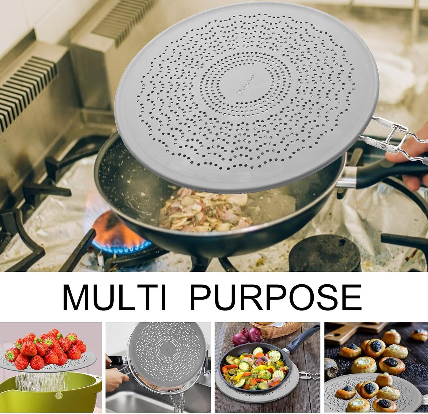Silicone Grease Splatter Screen Pan Cover with Folding Handle, Heat Resistant Cooling Mat, Strainer, Drain Board, Oil Splash Guard for Frying Pan Cooking, 11.4 Inch