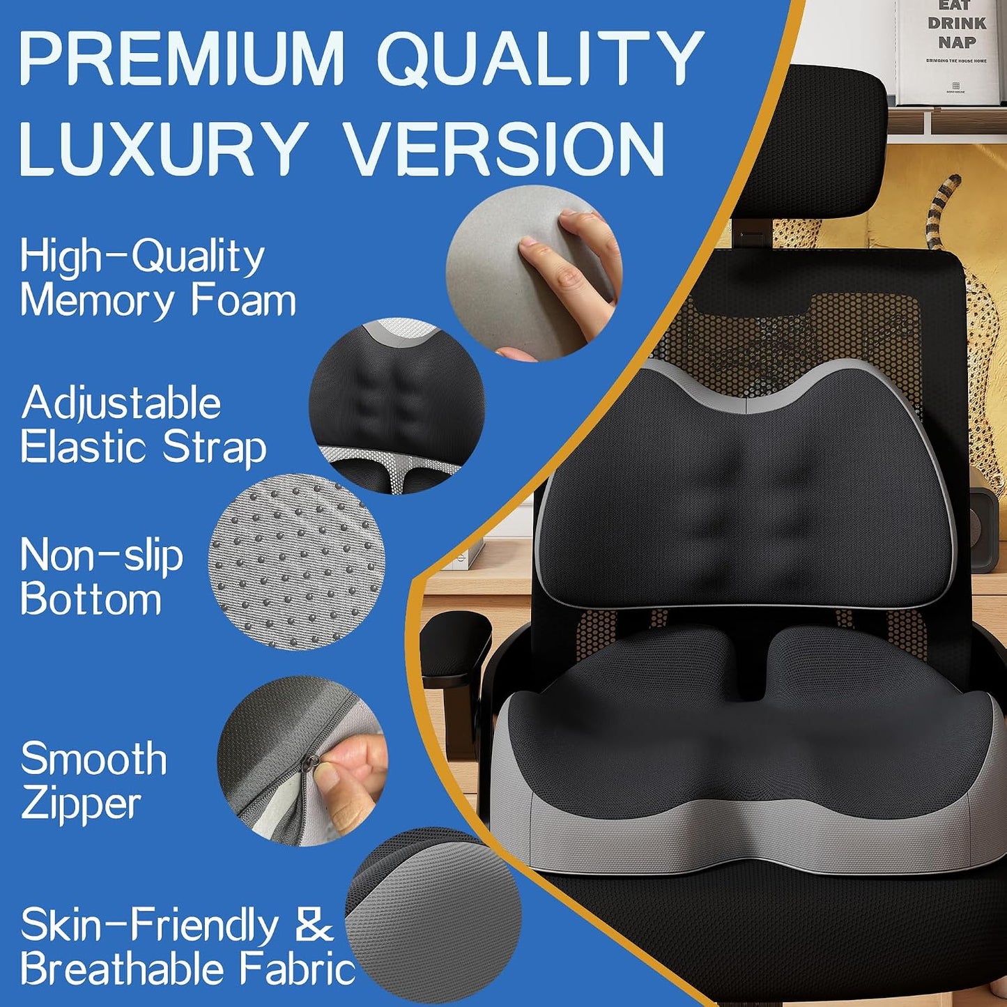 Benazcap Large Memory Foam Seat Cushion Lumbar Support Pillow for Sciatica & Tailbone Pressure Relief Coccyx Pad for Office Chair, Wheelchair, Car, Home, Office