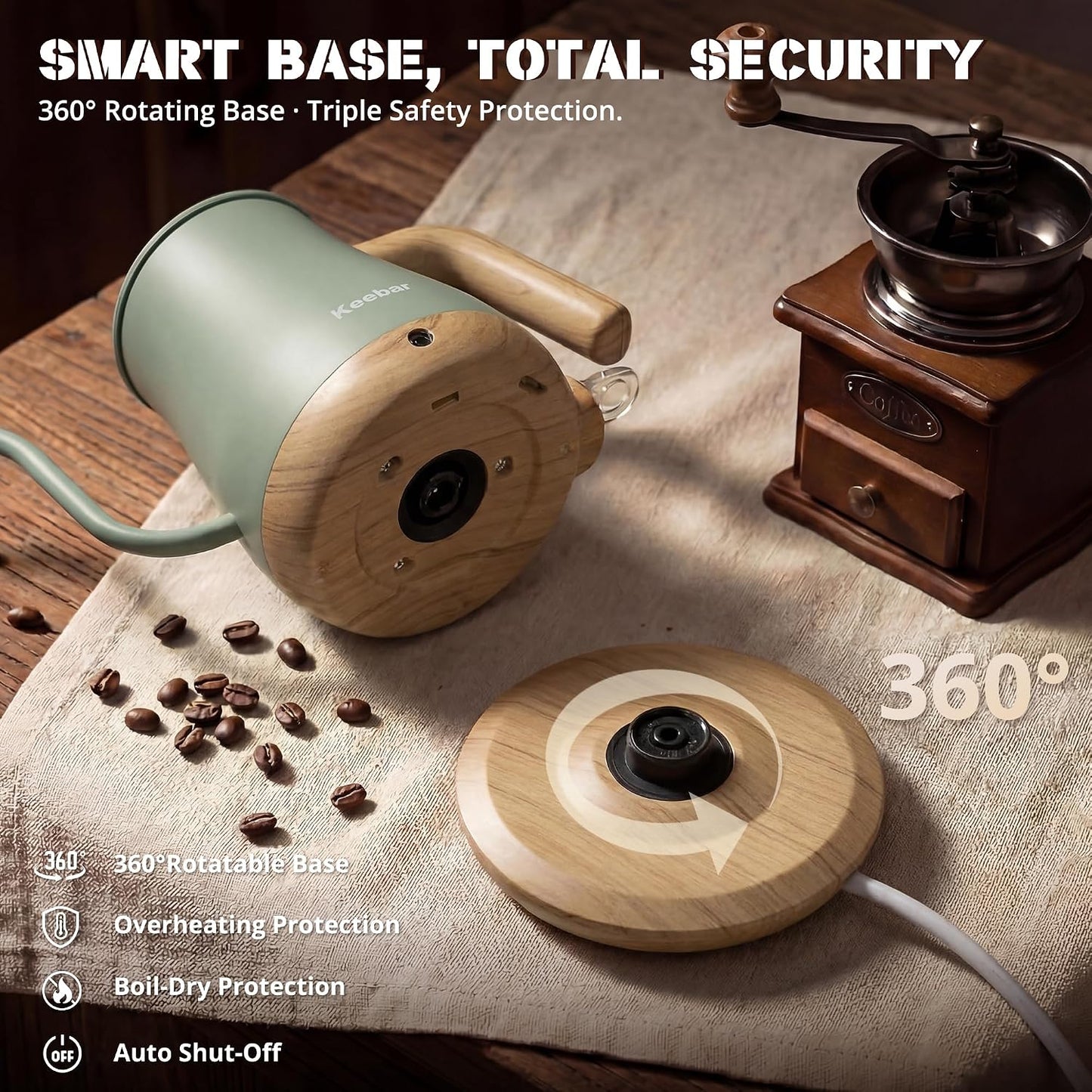 Gooseneck Electric Kettle, 0.8 L, 1000 W, Auto Shut-Off, Light Green | Compact 0.8 L Kettle With Stainless Steel Interior, Gooseneck Pour, Wood-Grain Handle, Auto Shut-Off And Boil-Dry Protection