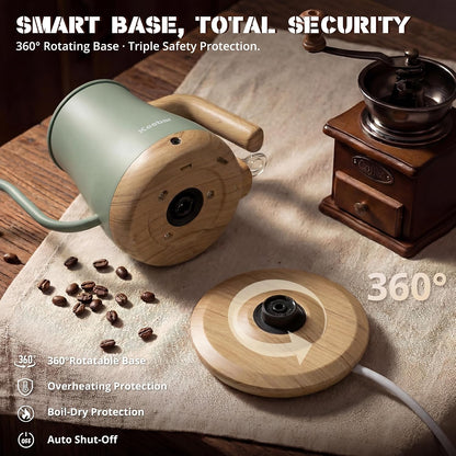 Gooseneck Electric Kettle, 0.8 L, 1000 W, Auto Shut-Off, Light Green | Compact 0.8 L Kettle With Stainless Steel Interior, Gooseneck Pour, Wood-Grain Handle, Auto Shut-Off And Boil-Dry Protection