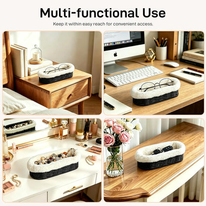 Glasses Holder, Paper Rope Plush Lined Eyeglass Holder Stand, Jewelry Key Tray Storage Organizer for Nightstand, Desk