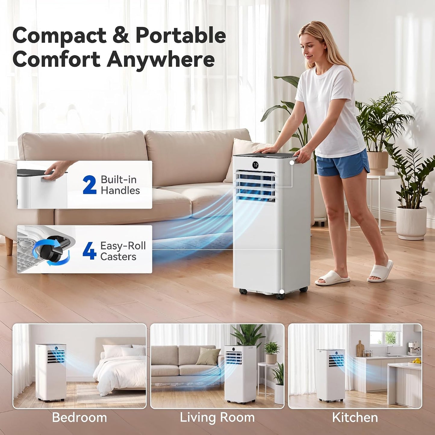 14000BTU Portable Air Conditioner, 4-in-1 700 Sq. Ft, Quiet for room | 14000BTU AC cools 700sq.ft, 4-in-1 cool/fan/dry/sleep, quiet, LED, remote, 24H timer, kit, for bed/office/dorm.