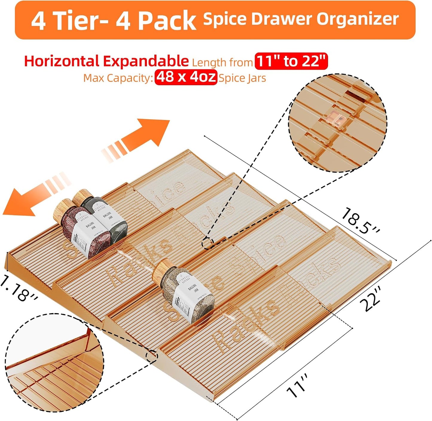 Spice Drawer Organizer, 8 Pack Clear Seasoning Organizer Rack | Expandable From 11" to 22" Wide, Kitchen Spice Rack Organizers for Drawer, Countertop, (Jars Not Included)