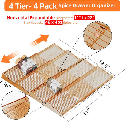Spice Drawer Organizer, 8 Pack Clear Seasoning Organizer Rack | Expandable From 11" to 22" Wide, Kitchen Spice Rack Organizers for Drawer, Countertop, (Jars Not Included)