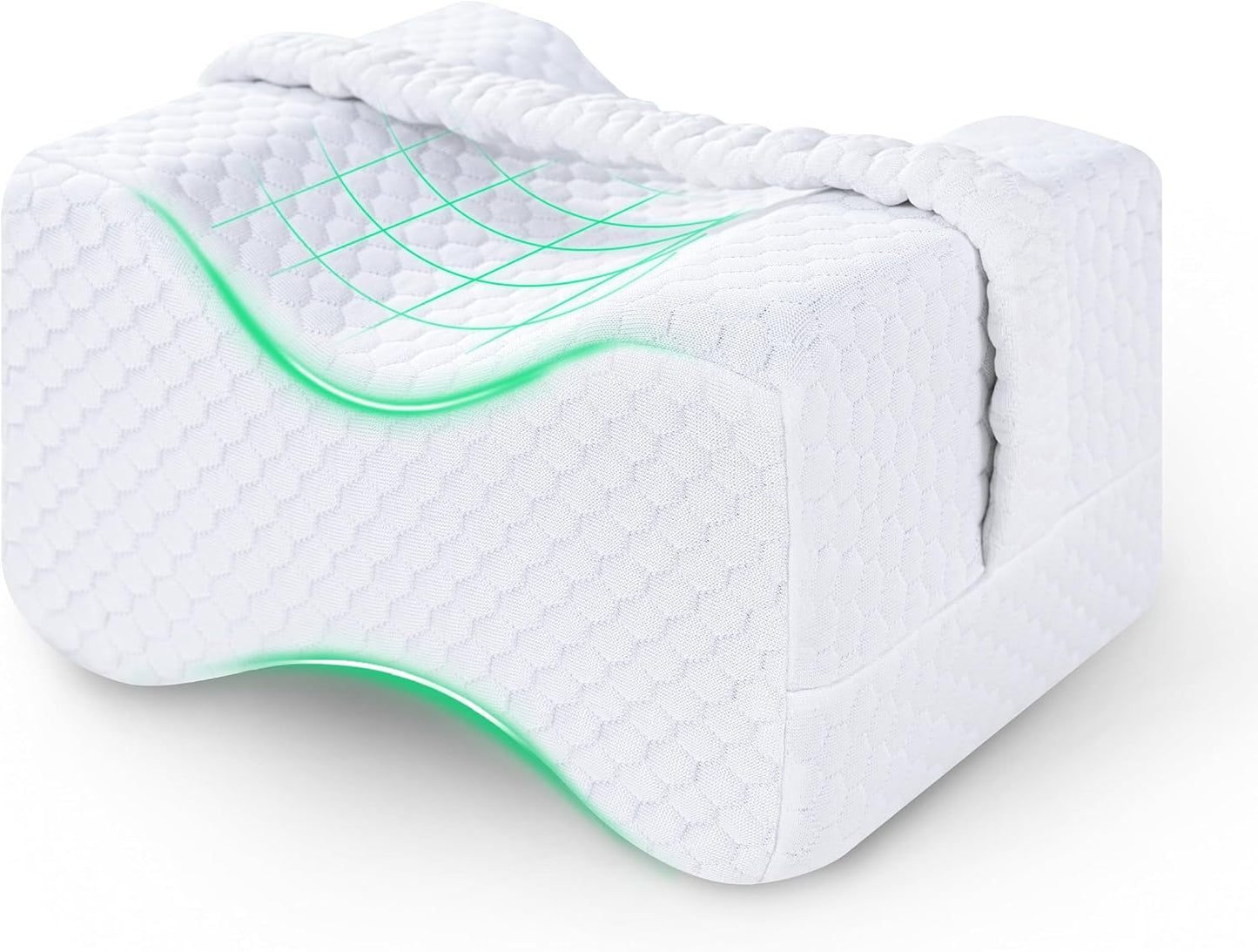 Knee Pillow for Side Sleepers - Between Legs Pillow for Side Sleeping, Back & Sciatica Pain Relief, Joints & Hip, Charcoal Memory Foam Leg Cushion, with Straps & Removable Cover (White)