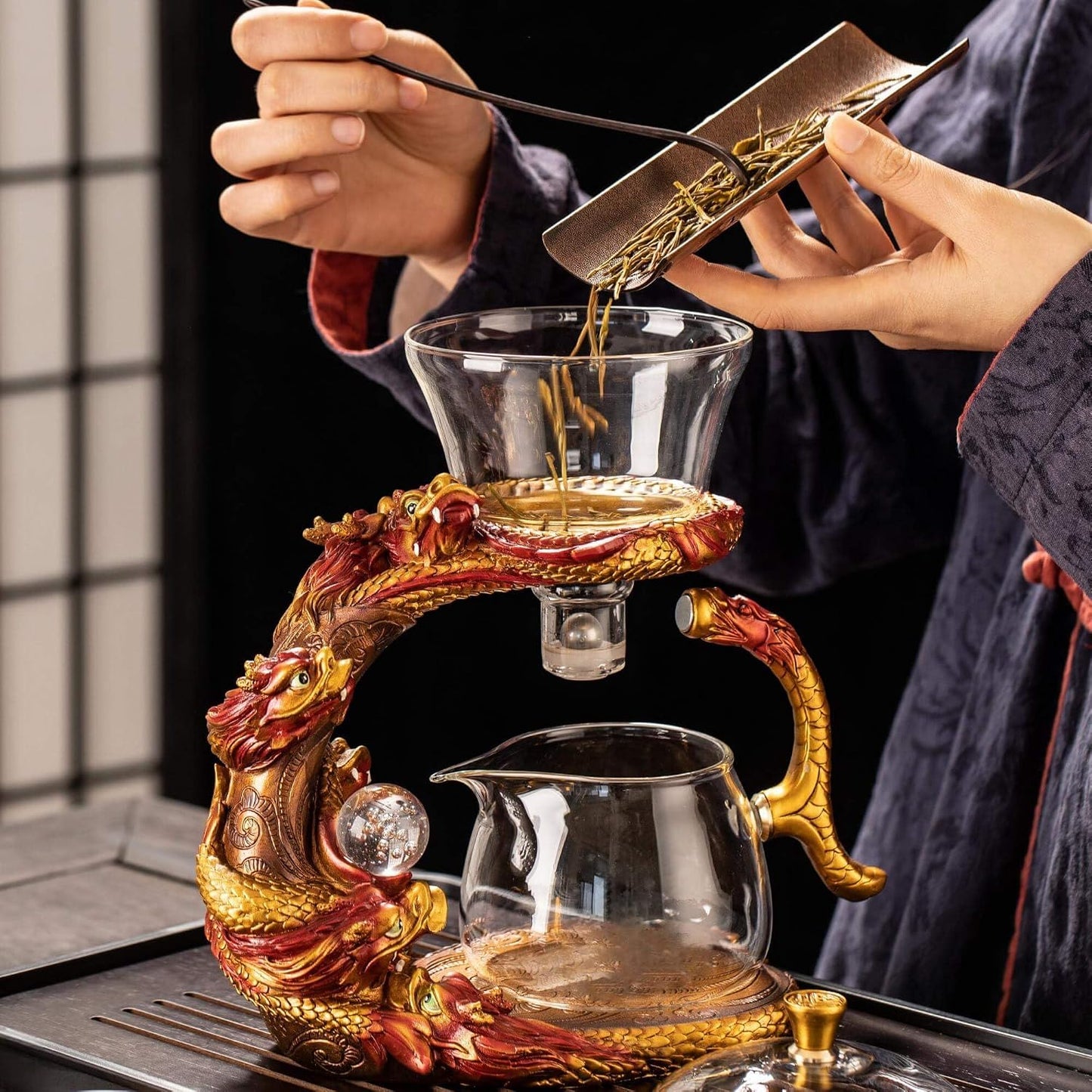 Glass Teapot Set with Infuser Semi Automatic Dragon Tea Set (Blue golden teapot)