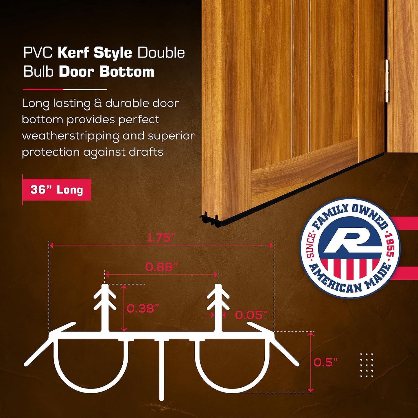 36" Kerf Slide-in Double Bulb Seal Weatherstrip Door Bottom – Durable Seal for Energy Efficiency & Draft Protection (Brown)
