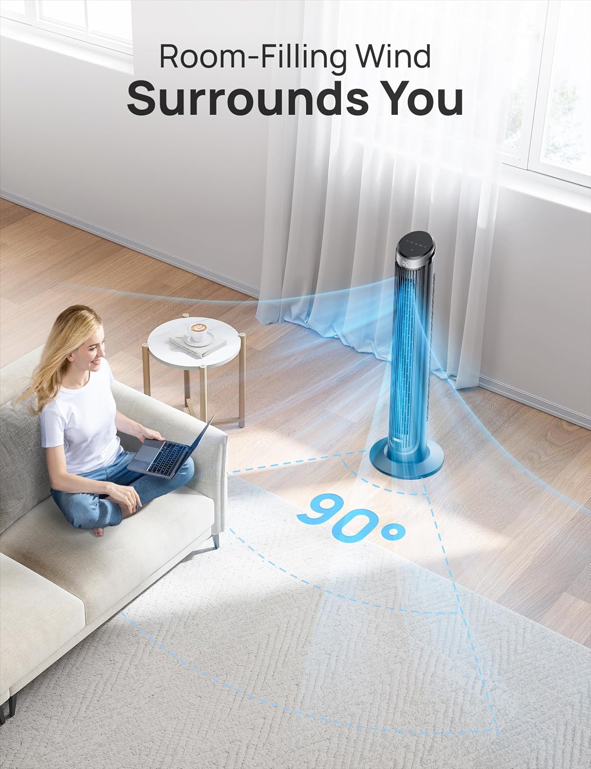 DREO Tower Fan for Bedroom, 90° Oscillating Fans that Blow Cold Air