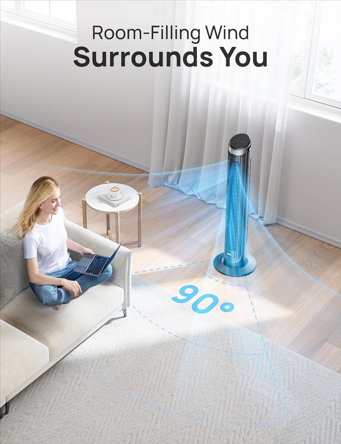 DREO Smart Tower Fan for Bedroom, 90° Oscillating Fan, 26ft/s Wind, 28dB