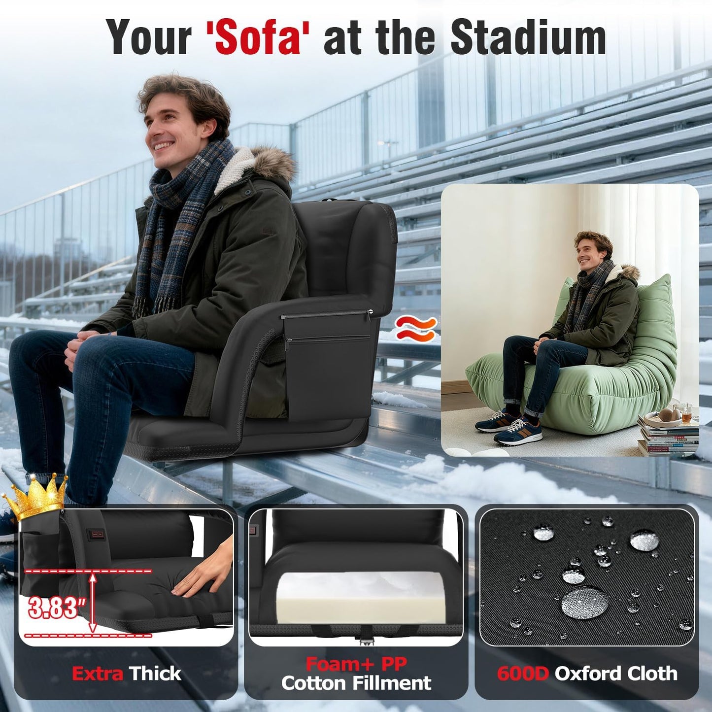 Suteck Heated Stadium Seats with Back Support 2 Pack, 23" Wide Sofa Style | Dual-Zone USB Heat, 6 Recliner, 3.83" Soft Cushion, 600D Waterproof, Hook Straps, Storage Pockets & Cup Holder, Half Fold