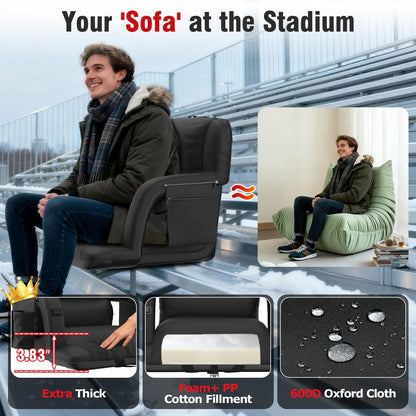 Suteck Heated Stadium Seats with Back Support 2 Pack, 23" Wide Sofa Style | Dual-Zone USB Heat, 6 Recliner, 3.83" Soft Cushion, 600D Waterproof, Hook Straps, Storage Pockets & Cup Holder, Half Fold