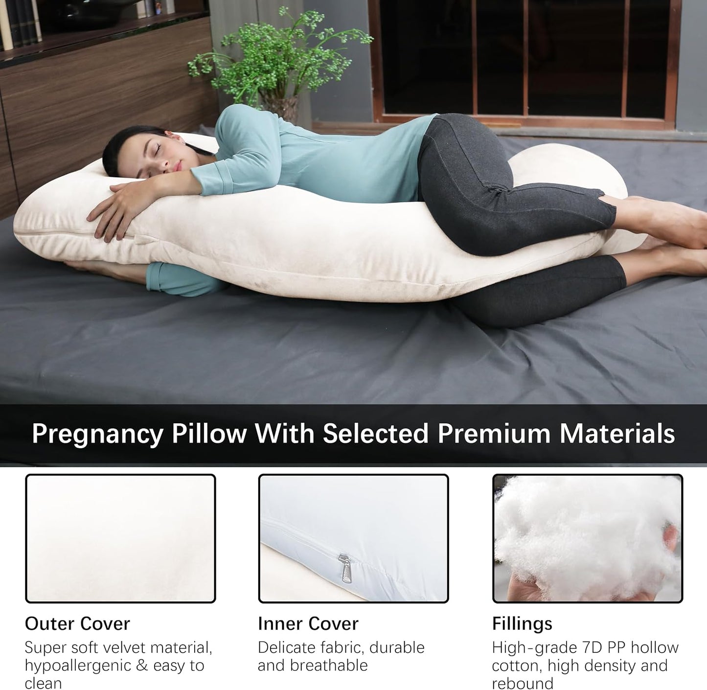 MOON PARK Pregnancy Pillows for Sleeping - 57 Inch U Shaped Full Body Maternity Pillow with Removable Cover - Support for Back, Legs, Belly, Hips - Pregnancy Pillow for Women - Grey