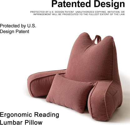 Patented Design Reading Pillow with Arms for Sitting Up, 2-in-1 Bed Rest Pillow with Detachable Lumbar Support, Backrest Support Cushion for Couch with Side Pockets & Handle, Beige Gray