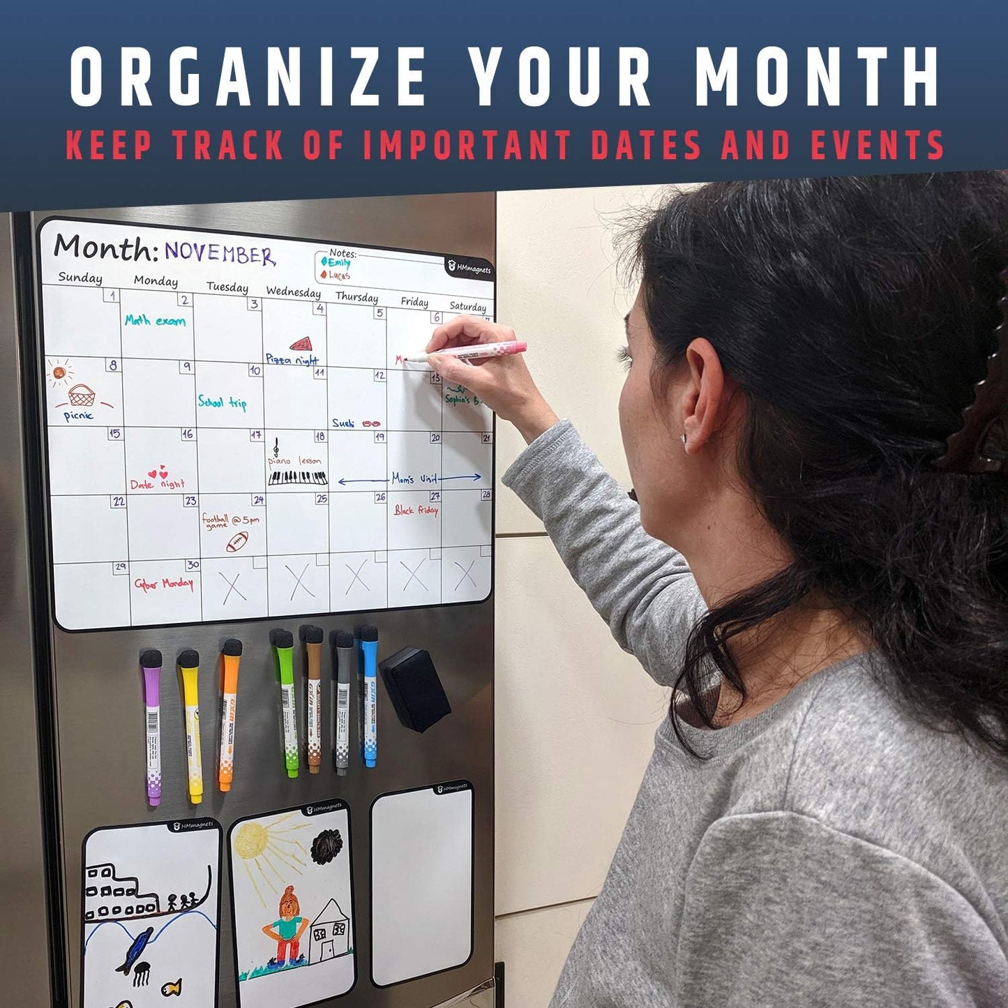 Large Dry-Erase Magnetic Monthly Calendar + Free Bonus: 3 Grocery/to-Do List Whiteboards (Organizer/Planner) for Kitchen Fridge - Full Set: 8 Markers + Eraser | Stain Free | Horizontal