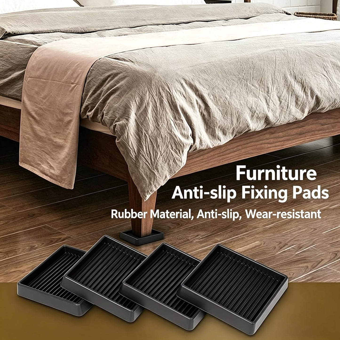 4"x4" Square Rubber Furniture Caster Cups,No Adhesive Anti Skid Furnitures Feet, Anti Slide Floor Protector for Bed Couch Table Chair Stoppers.(4 Pack, Black)