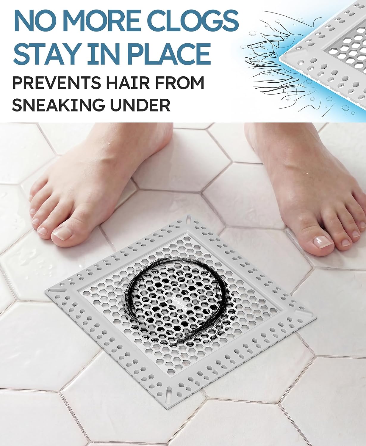 Square Shower Drain Hair Catcher, Anti-Clogging, Gray, 4 inch | Fast Drainage, Anti-Slip & Stays in Place, Stainless Steel & TPE Material, Easy Clean Fits Bathroom Hair Catcher for Shower