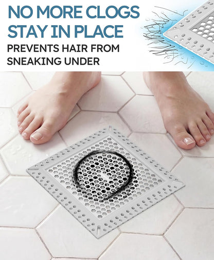 Square Shower Drain Hair Catcher, Anti-Clogging, Gray, 4 inch | Fast Drainage, Anti-Slip & Stays in Place, Stainless Steel & TPE Material, Easy Clean Fits Bathroom Hair Catcher for Shower