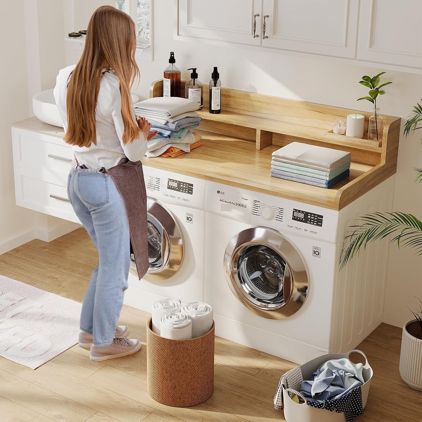 2-Tier Washer Dryer Countertop with 2.75" H Edge Rails, 54" W x 27.55" D Laundry Countertop for Folding Clothes, Washer and Dryer Topper with Non-Slip Pad (Dark Walnut)