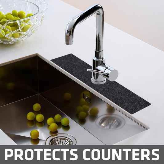 Drymate Faucet Splash Guard Mat for Kitchen & Bathroom Sink, Thin Countertop Drip Protector Drying Pad, Absorbent, Waterproof, Washable (USA Made) (18" W x 4.33" L x 0.13" H With Pre-Cut 2.5" Hole)