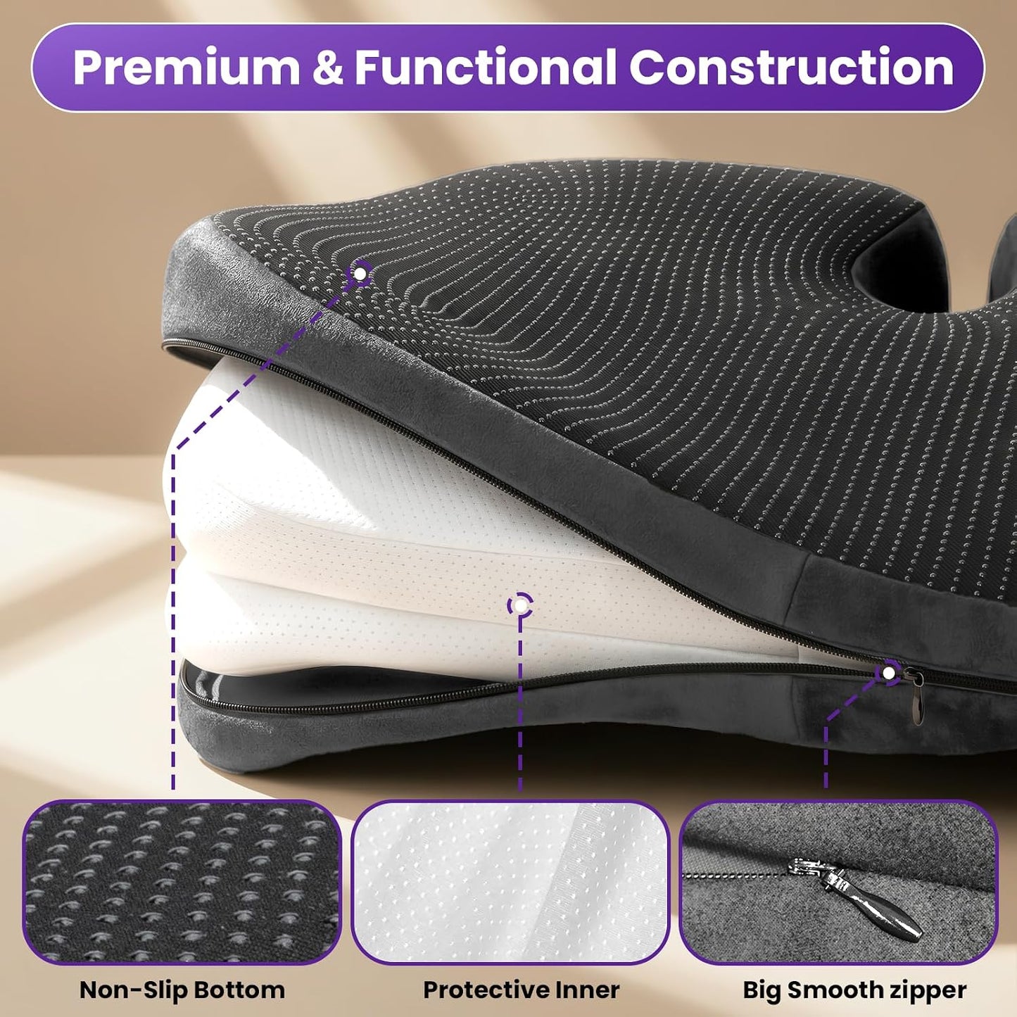 ZZ-WELL Seat Cushions for Office Chairs, Coccyx Cushion for Tailbone Pain, Memory Foam Butt Pillows for Computer Gaming Chair, Patented Pressure Relief Design Chair Cushion (Light Grey, XX-Large)