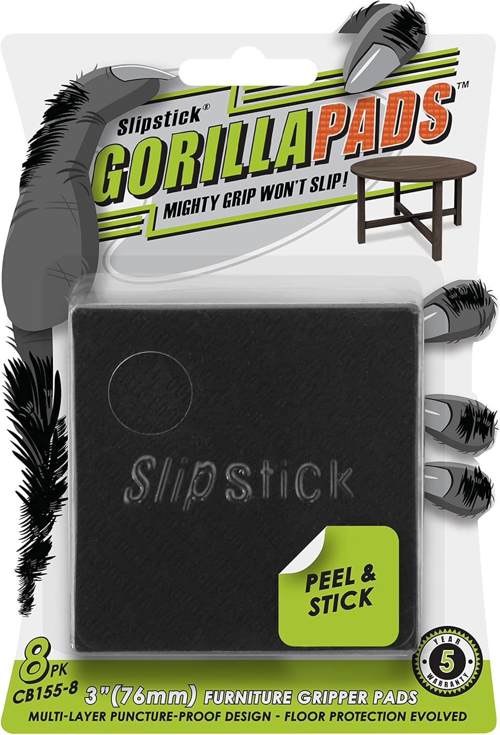 Slipstick GorillaPads CB147 Non Slip Furniture Pads/Gripper Feet (Set of 16) Self Adhesive Rubber Floor Protectors, 1 inch Round, Black