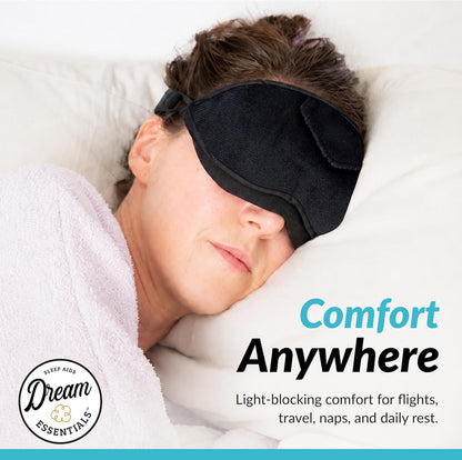 Dream Essentials Opulence Micro Plush Sleep Mask, Black Velvet Eye Mask for Sleeping with Earplugs, Front Pocket, Adjustable Strap, Soft Cotton Lining, Light Blocking Travel Accessory for Night Rest