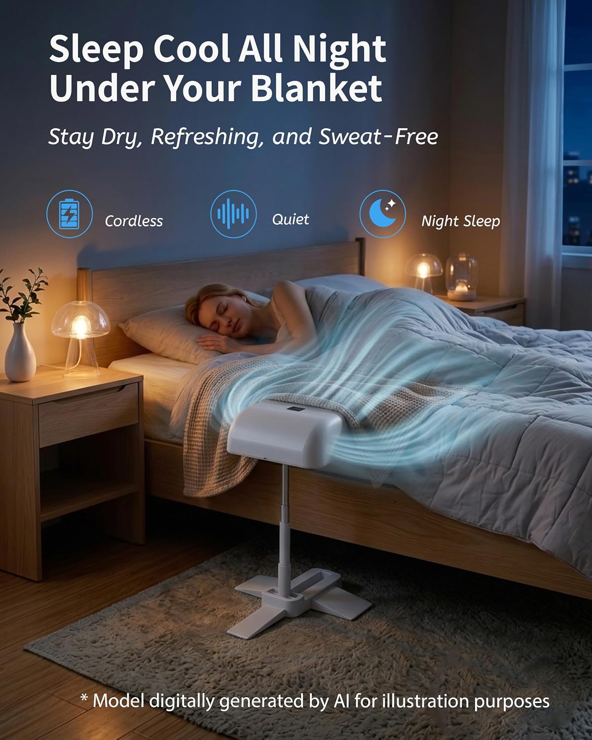 Under Sheets Cooling Fan, Mattress Cooling Fan for Hot Sleepers, Rechargeable Air System with Remote, 5 Speeds, Adjustable Height, Quiet Under Blanket Airflow for Low and Standard Beds (White)