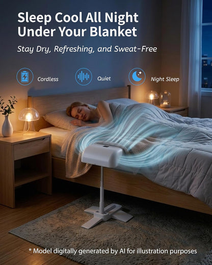 Under Sheets Cooling Fan, Mattress Cooling Fan for Hot Sleepers, Rechargeable Air System with Remote, 5 Speeds, Adjustable Height, Quiet Under Blanket Airflow for Low and Standard Beds (White)