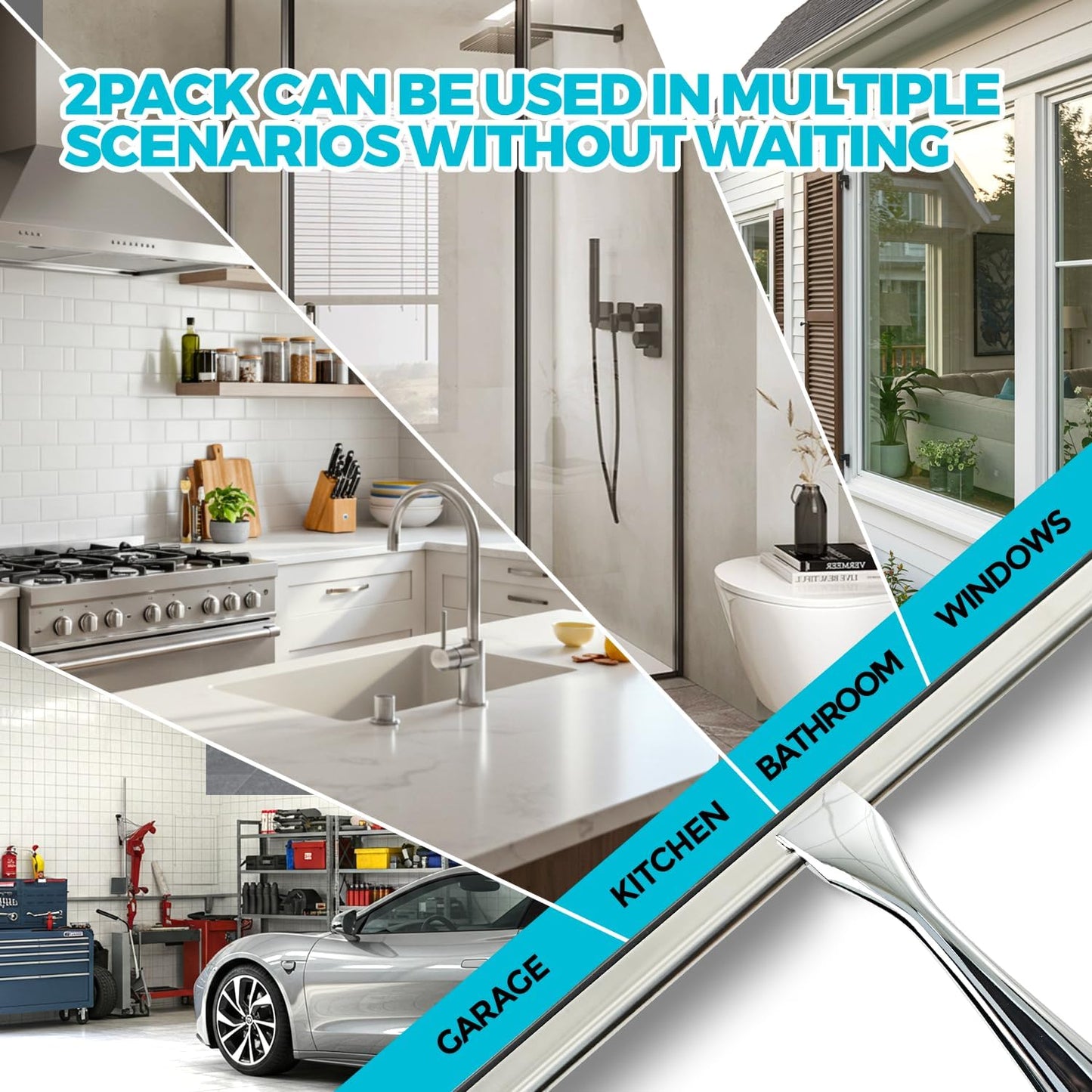 2pcs Shower Squeegee for Glass Doors with Adhesive Hanging Hook Set | 10” Silver, Bathroom Accessories, Window Cleaner, New Home Essentials, Soft Rubber Blade, Metal Handle, Ergonomic Grip