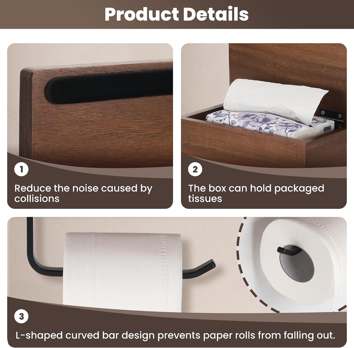 Toilet Paper Holder Walnut Wood Shelf - Wall Mount & Self-Adhesive | Bathroom Tissue Holder, Black Stainless Steel with Walnut Shelf for Phone - Home Apartment Restroom Decor Essentials