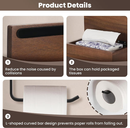 Toilet Paper Holder Walnut Wood Shelf - Wall Mount & Self-Adhesive | Bathroom Tissue Holder, Black Stainless Steel with Walnut Shelf for Phone - Home Apartment Restroom Decor Essentials