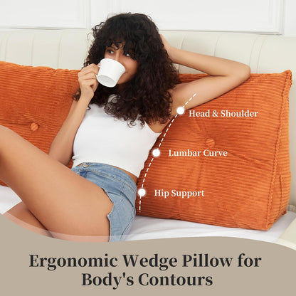 Headboard Wedge Pillows for Sitting Up in Bed Rest Adult，Triangular Upholstered Stuffed Reading Pillow for Sofa Couch Back Cushions Lumbar Body Support Dorm Bedroom（King，Corduroy Gray）
