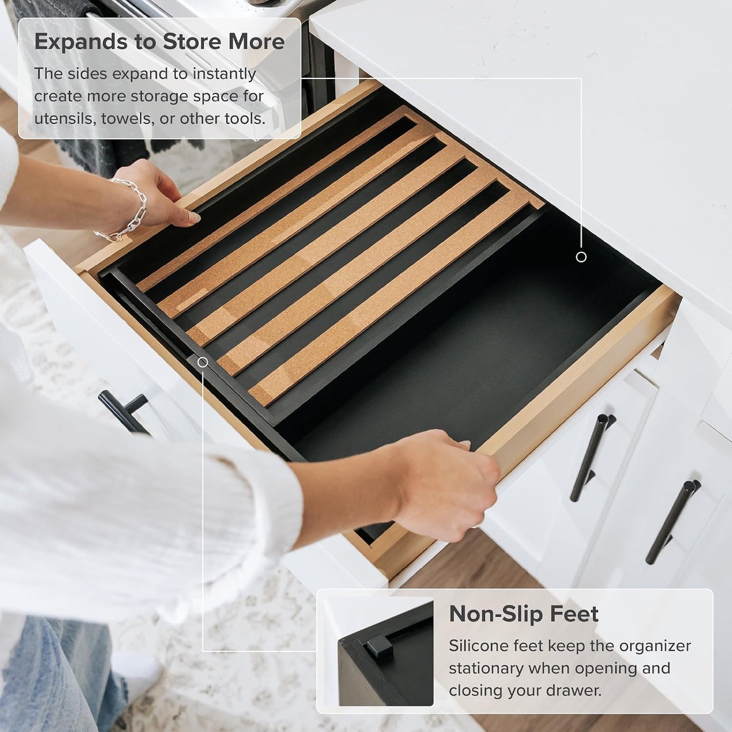 Expandable Spice Drawer Organizer, Bamboo | Holds up to 15 spice jars (not included), non-slip feet, 100% sustainable bamboo wood