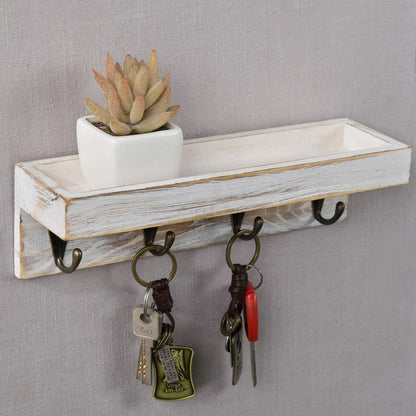 MyGift 10 Inch Brown Wood Wall Mounted Floating Shelf Key Rack with 4 Hooks | Four Metal Hooks, Space Saving Storage, Entryway Organization, Rustic Accent, Keys Mail Accessories Display