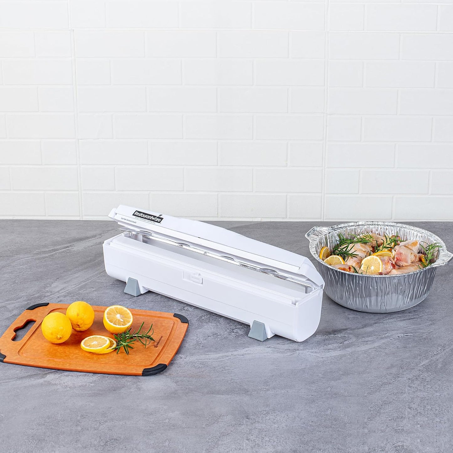 Restaurantware-Chef 101 Food Wrap Dispenser with Cutter, 1 Refillable Cling Wrap Dispenser - Fits 12” to 18” x 1000’ Rolls, Press Down and Cut, White Plastic Aluminum Foil, Sharp Blade