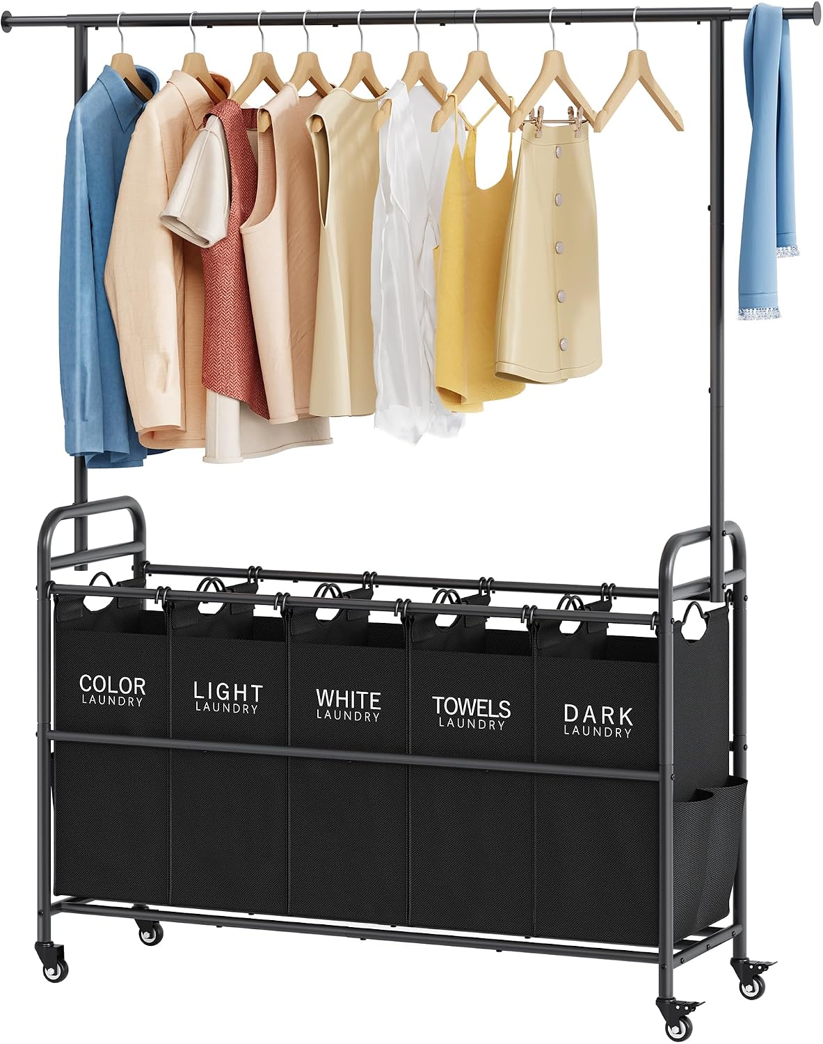 Laundry Cart with Hanging Rack, 65 Gal. Large Laundry Hamper, Beige | Rolling Laundry Cart with Hanging Bar with Removable Bag and Lockable Wheels, Separator Hamper Cart for Bedroom, Bathroom