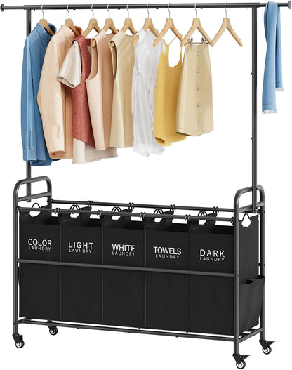 Laundry Cart with Hanging Rack, 65 Gal. Large Laundry Hamper, Beige | Rolling Laundry Cart with Hanging Bar with Removable Bag and Lockable Wheels, Separator Hamper Cart for Bedroom, Bathroom