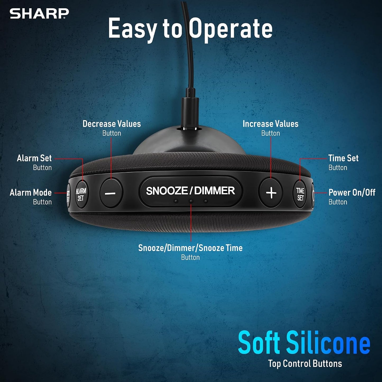 Sharp Vibrating Alarm Clock for Heavy Sleepers with Loud Bed Shaker | 3 wake modes; 5 vibration levels; 5 volume levels; 29-hour rechargeable battery; 6-step dimmer; Cordless travel use