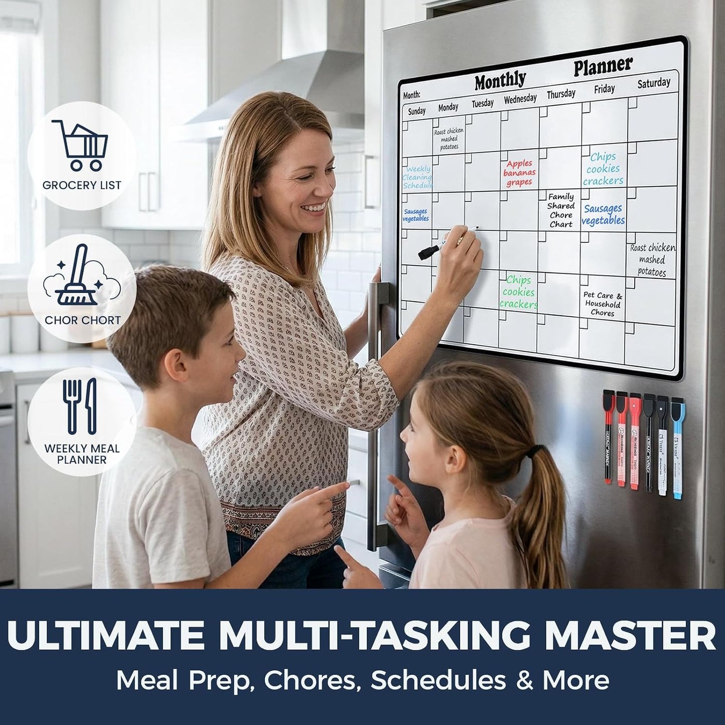 Magnetic Dry Erase Calendar for Refrigerator - 11"x8" Compact Fridge Whiteboard with 6 Markers & 2 Erasers, Weekly Planner, Sunday Start