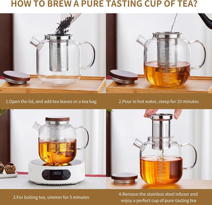 Glass Teapot with Infuser and Lid, 61oz/1.8L Large Borosilicate Glass Tea Pot with Removable Stainless Steel Strainer, Heat-Resistant Handle, Stovetop Safe Tea Kettle for Loose Leaf, Blooming Tea
